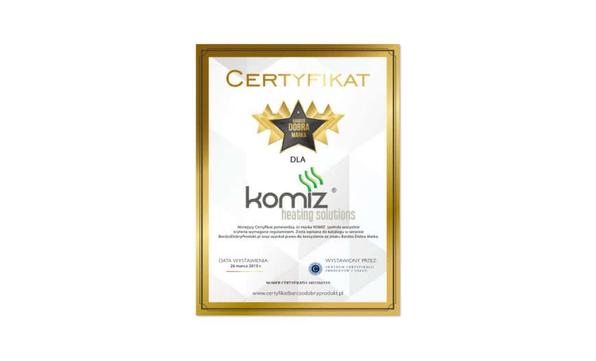 Bardzo Dobra Marka - certyfikat dla firmy Komiz 